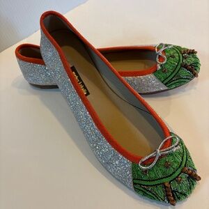 Meher Kakalia Green and Silver Handmade Beaded Cap Toe Ballet Flats - 39